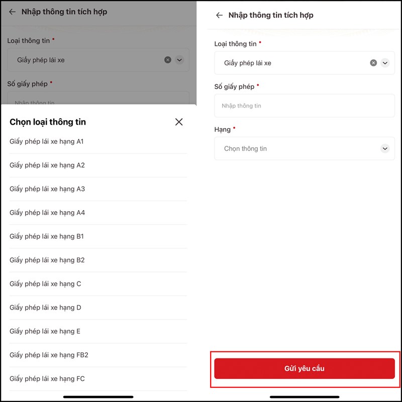 Bước 3: Điền đầy đủ thông tin như số giấy phép hay giấy phép lái xe, hạng của giấy phép lái xe vào nhé > Nhấn Gửi yêu cầu và đợi kết quả trả về là bạn đã có thể tích hợp giấy tờ vào VNeID xong rồi đó. Tùy theo tình trạng hồ sơ mà quá trình xét duyệt sẽ nhanh hoặc lâu, nhưng trung bình là từ 1 đến 3 ngày. 